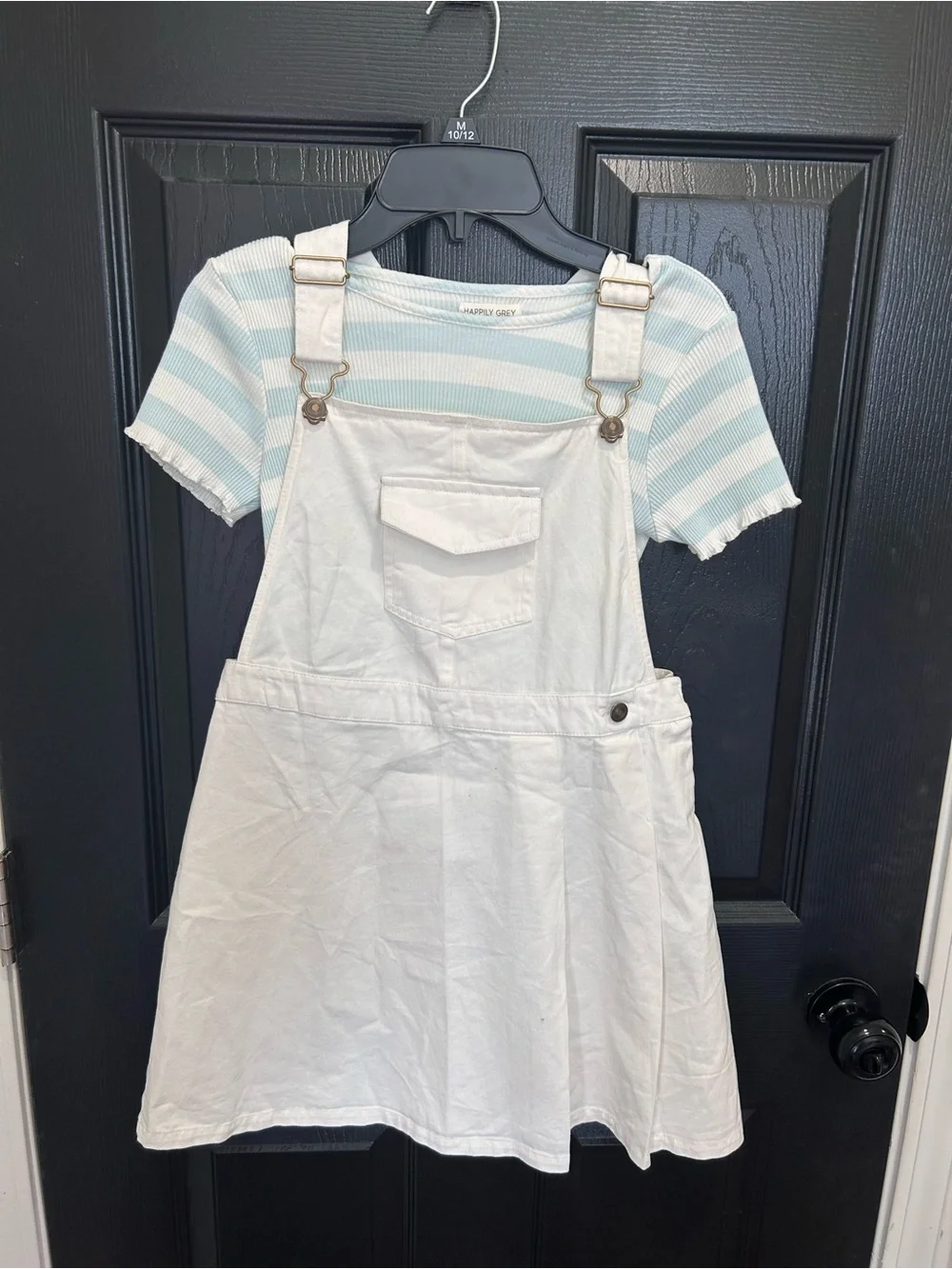 Striped Mint & White Kids Matching Set - Overalls Dress with Tee
